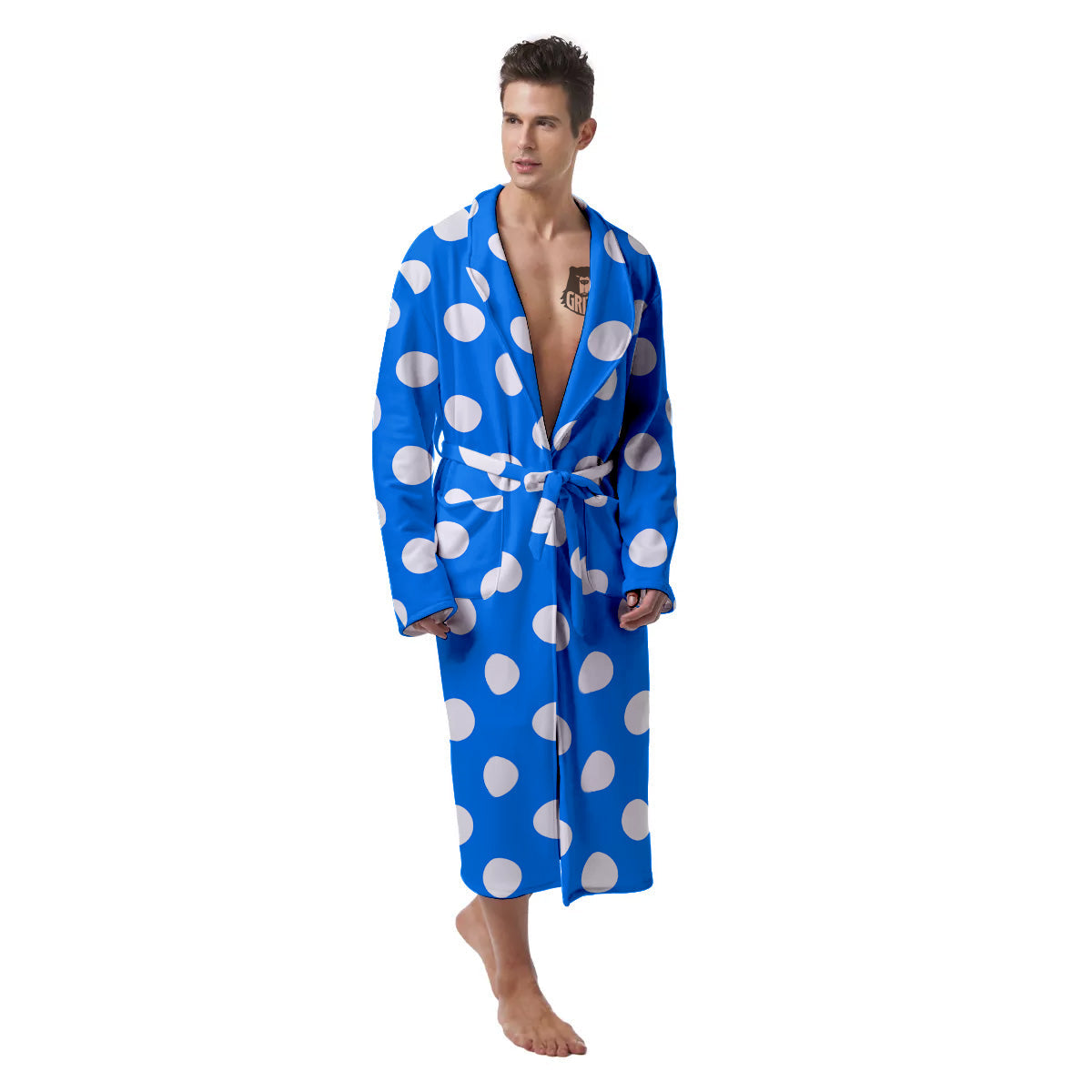 Blue Color Polka Dot Print Pattern Men's Robe-grizzshop