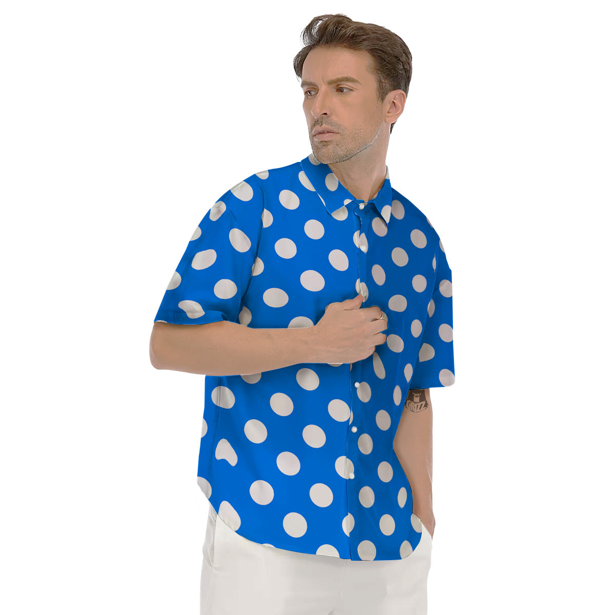 Blue Color Polka Dot Print Pattern Men's Short Sleeve Shirts-grizzshop