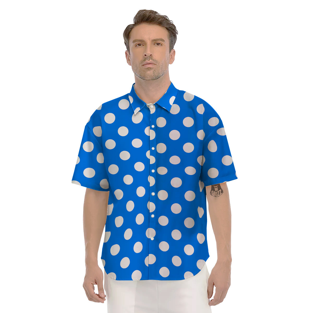 Blue Color Polka Dot Print Pattern Men's Short Sleeve Shirts-grizzshop