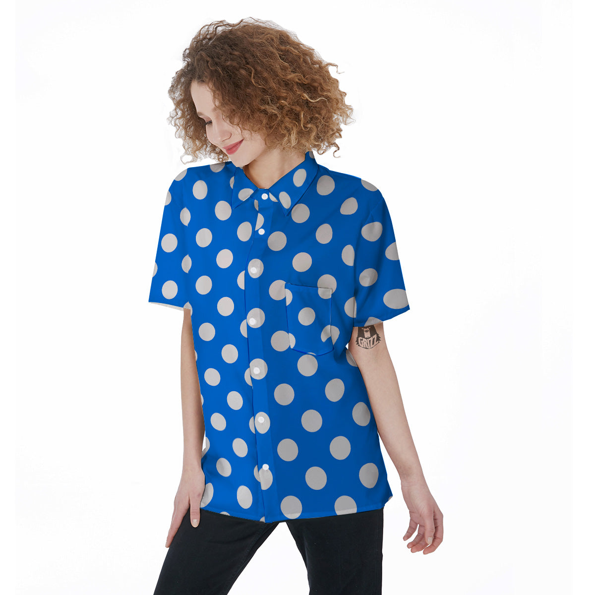 Blue Color Polka Dot Print Pattern Women's Short Sleeve Shirts-grizzshop