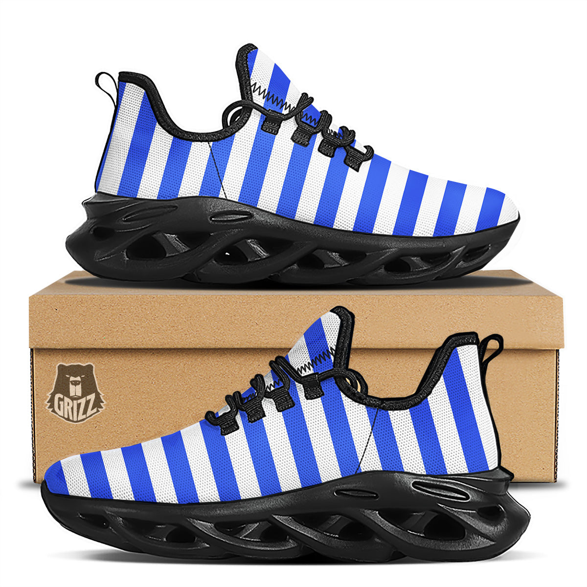 Blue Color Striped Print Black Running Shoes-grizzshop