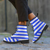 Blue Color Striped Print Leather Boots-grizzshop