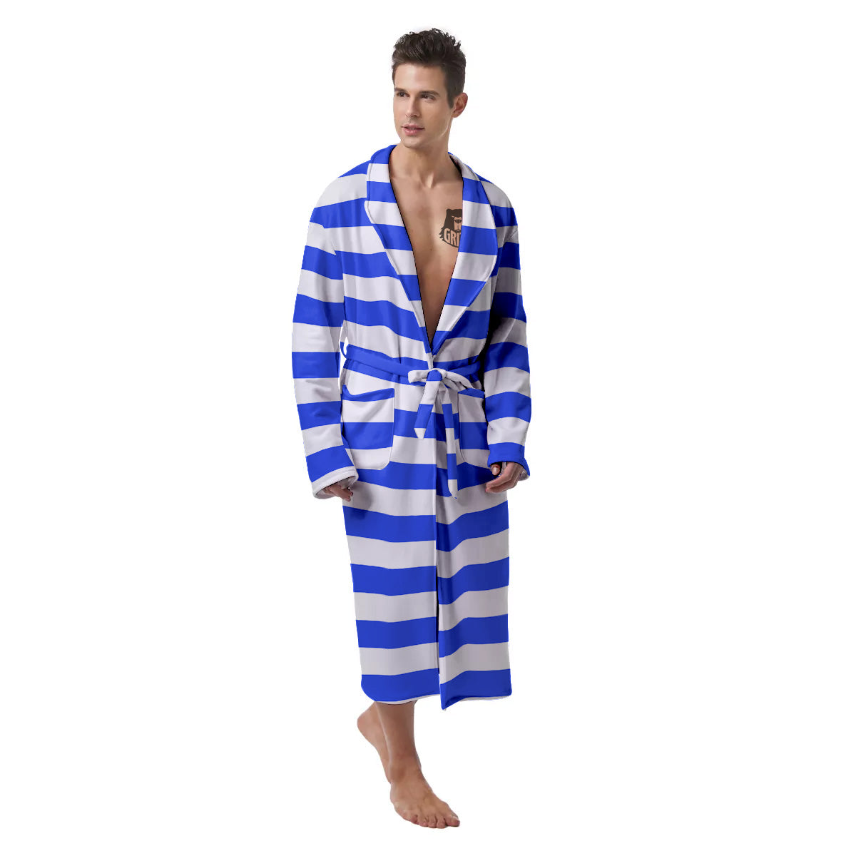 Blue Color Striped Print Men's Robe-grizzshop