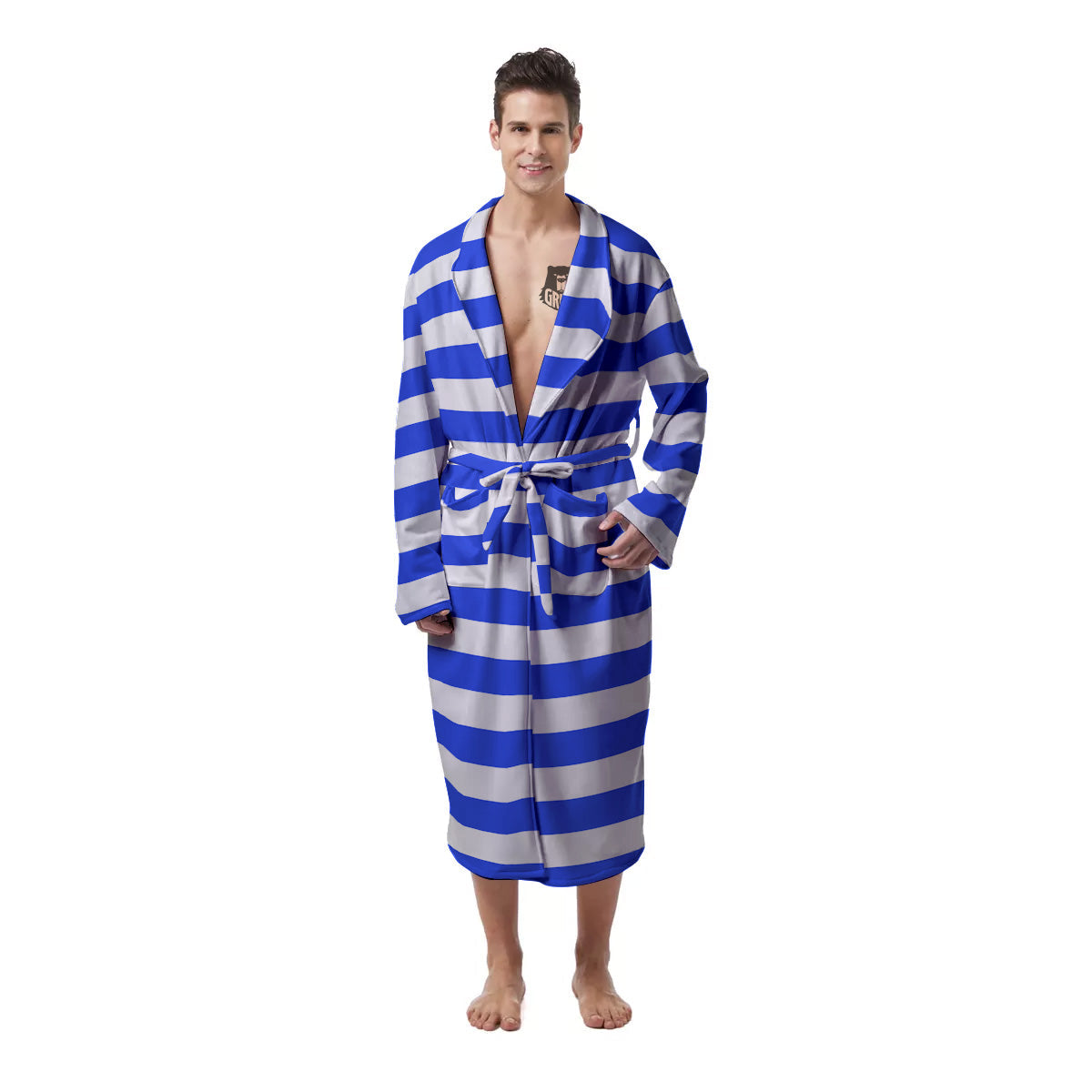 Blue Color Striped Print Men's Robe-grizzshop