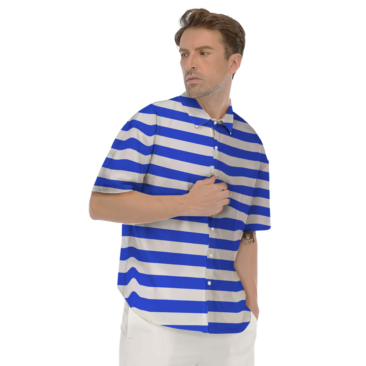 Blue Color Striped Print Men's Short Sleeve Shirts-grizzshop