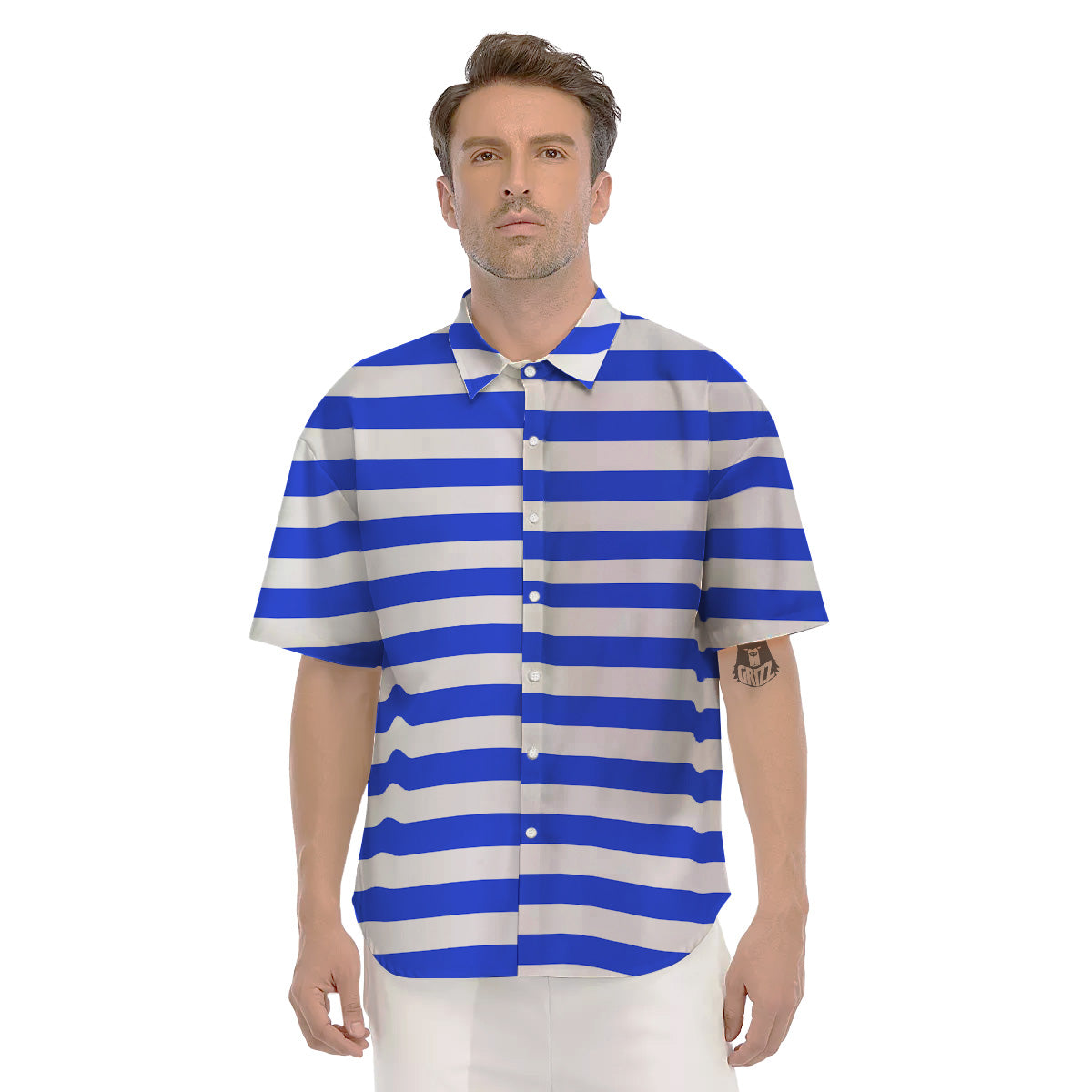 Blue Color Striped Print Men's Short Sleeve Shirts-grizzshop
