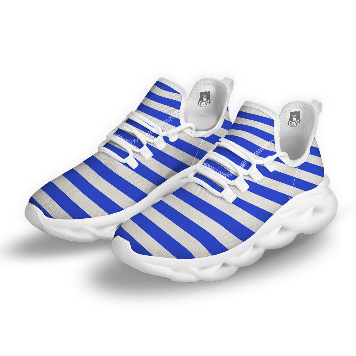 Blue Color Striped Print White Running Shoes-grizzshop
