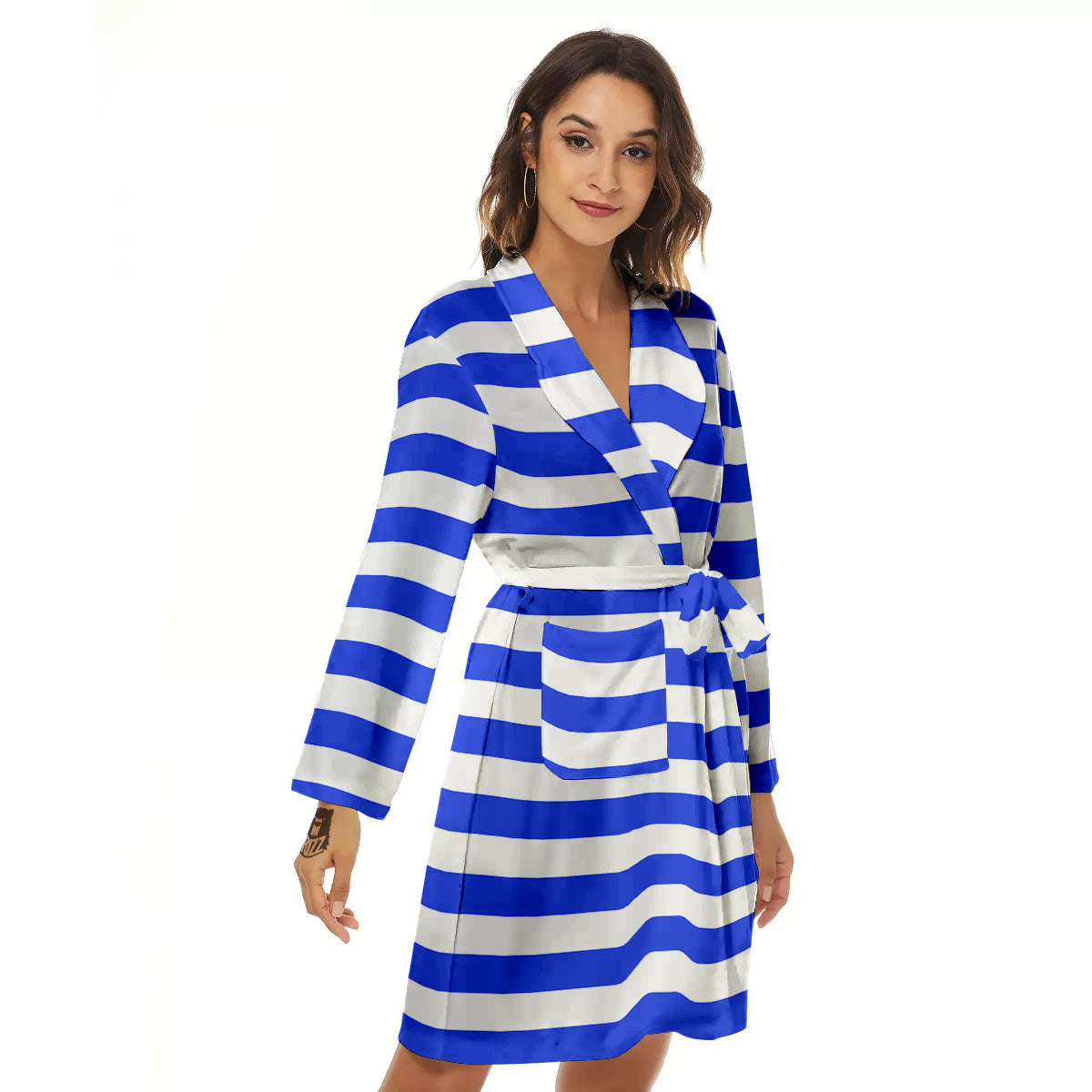 Blue Color Striped Print Women's Robe-grizzshop
