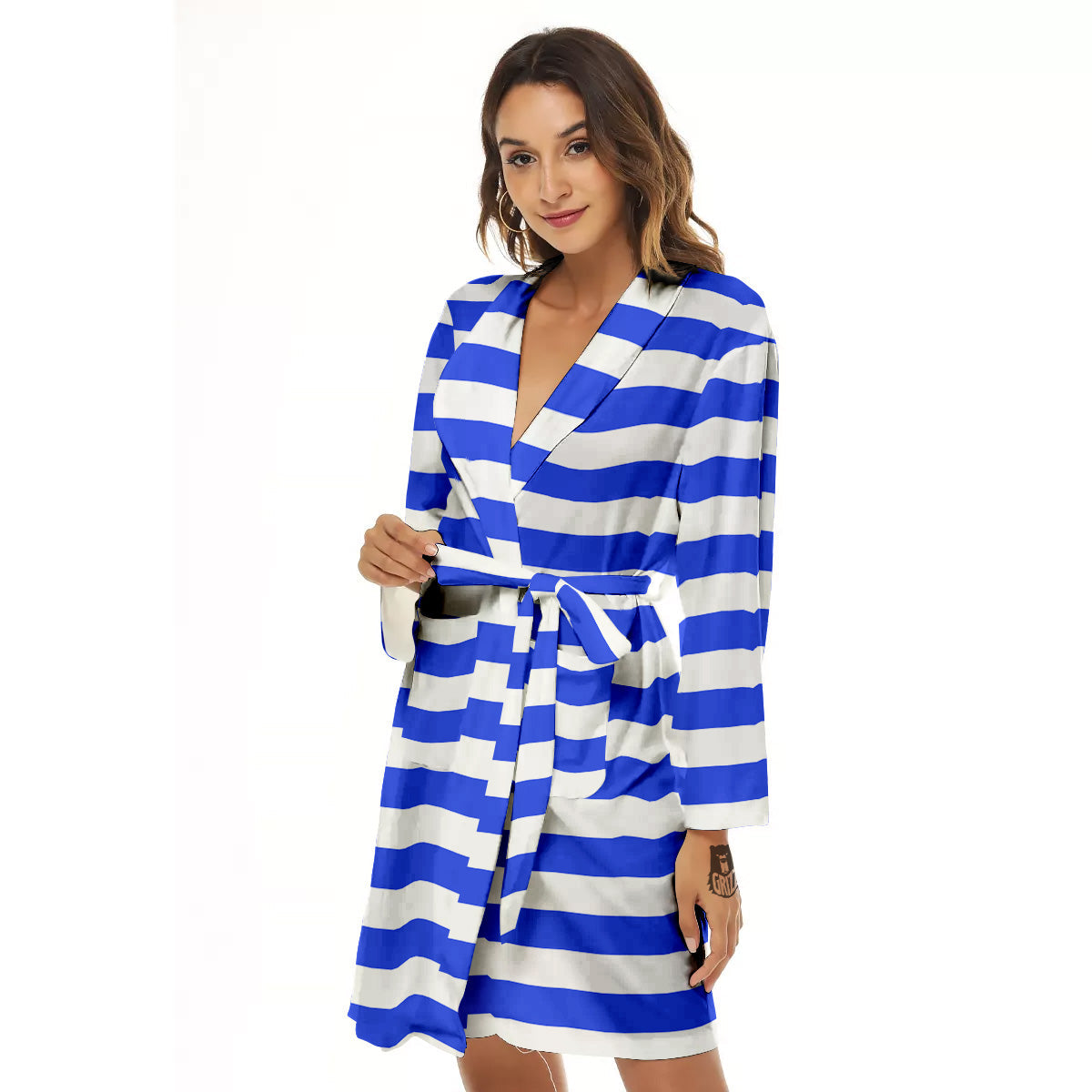 Blue Color Striped Print Women's Robe-grizzshop