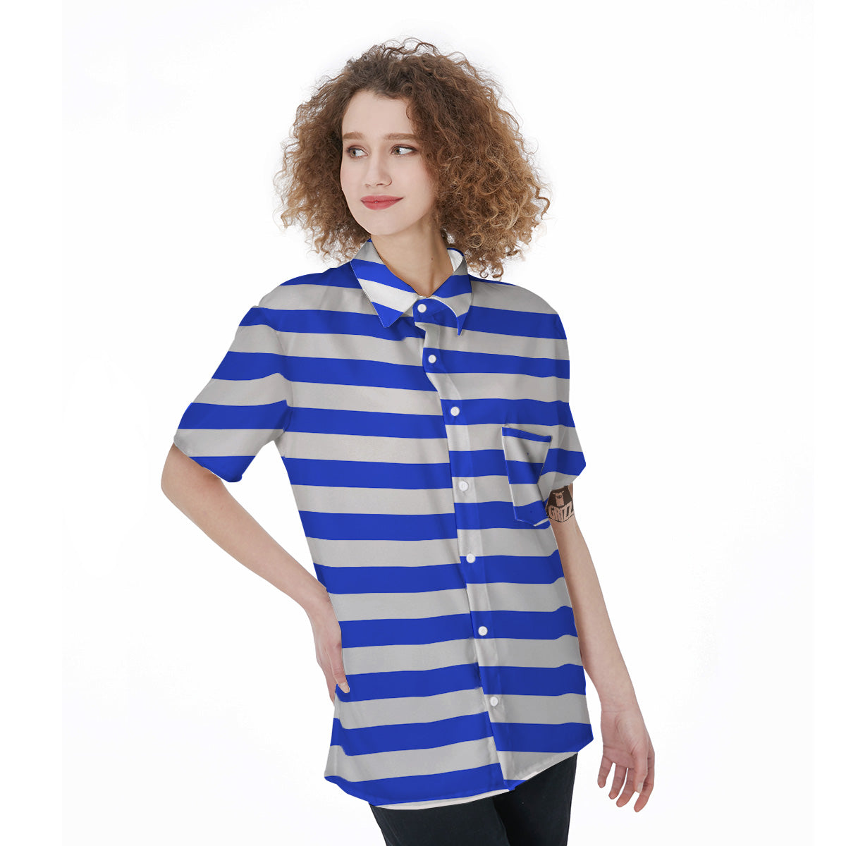 Blue Color Striped Print Women's Short Sleeve Shirts-grizzshop