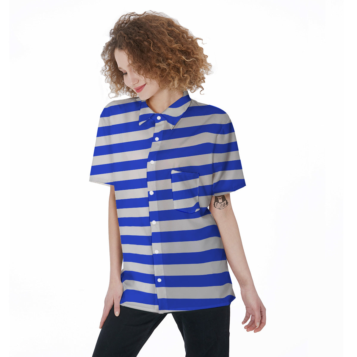 Blue Color Striped Print Women's Short Sleeve Shirts-grizzshop