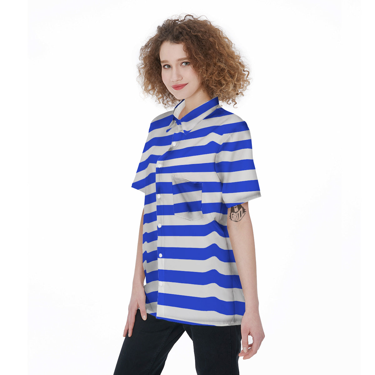 Blue Color Striped Print Women's Short Sleeve Shirts-grizzshop