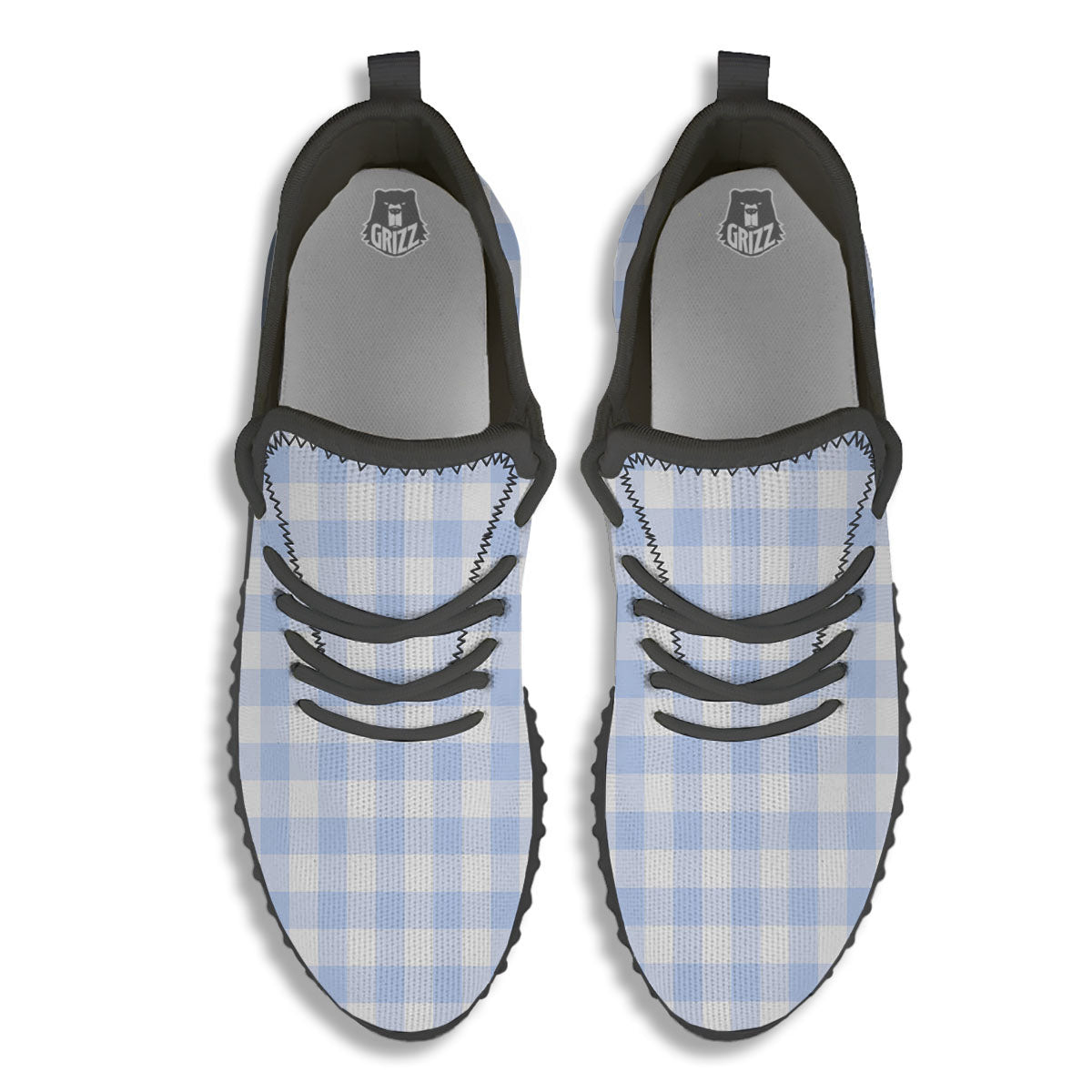 Blue Cornflower And White Gingham Print Black Walking Shoes-grizzshop