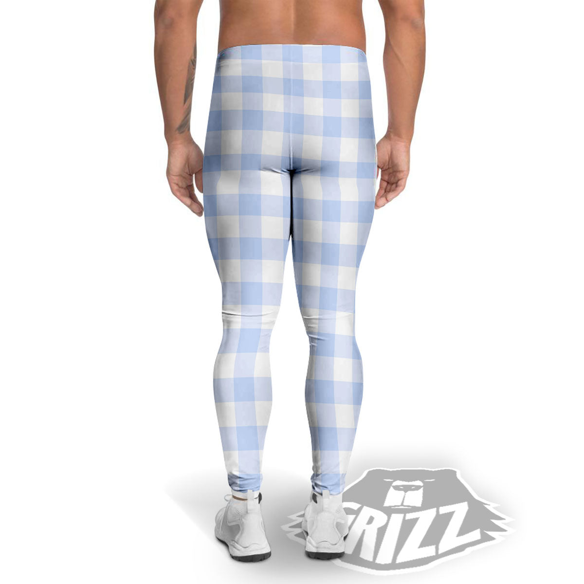 Blue Cornflower And White Gingham Print Men's Leggings-grizzshop