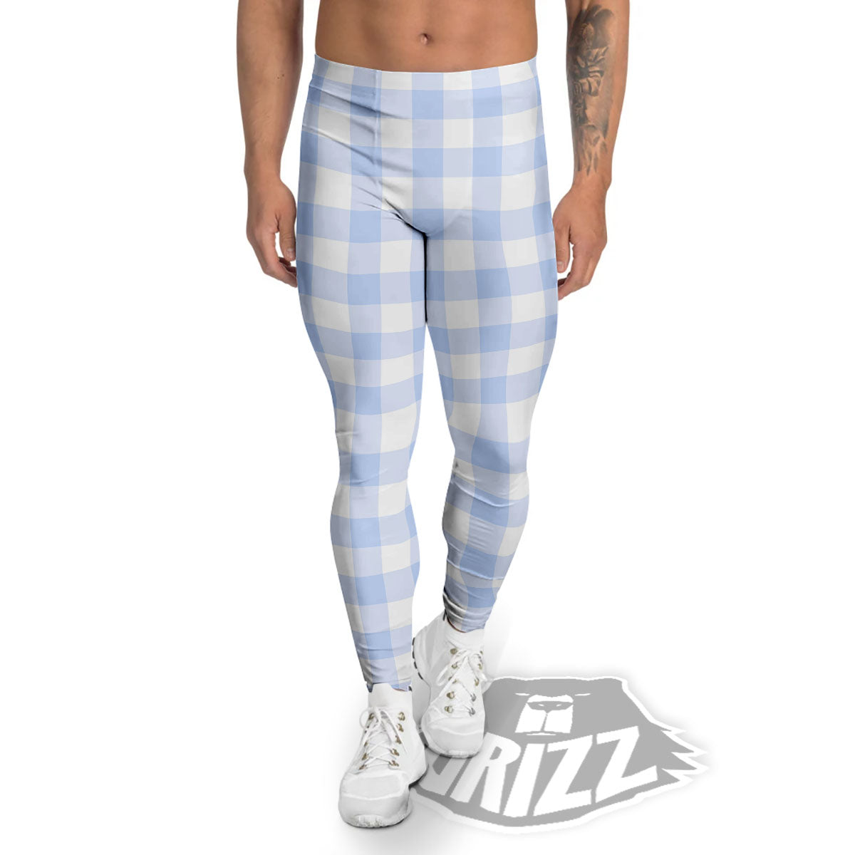Blue Cornflower And White Gingham Print Men's Leggings-grizzshop