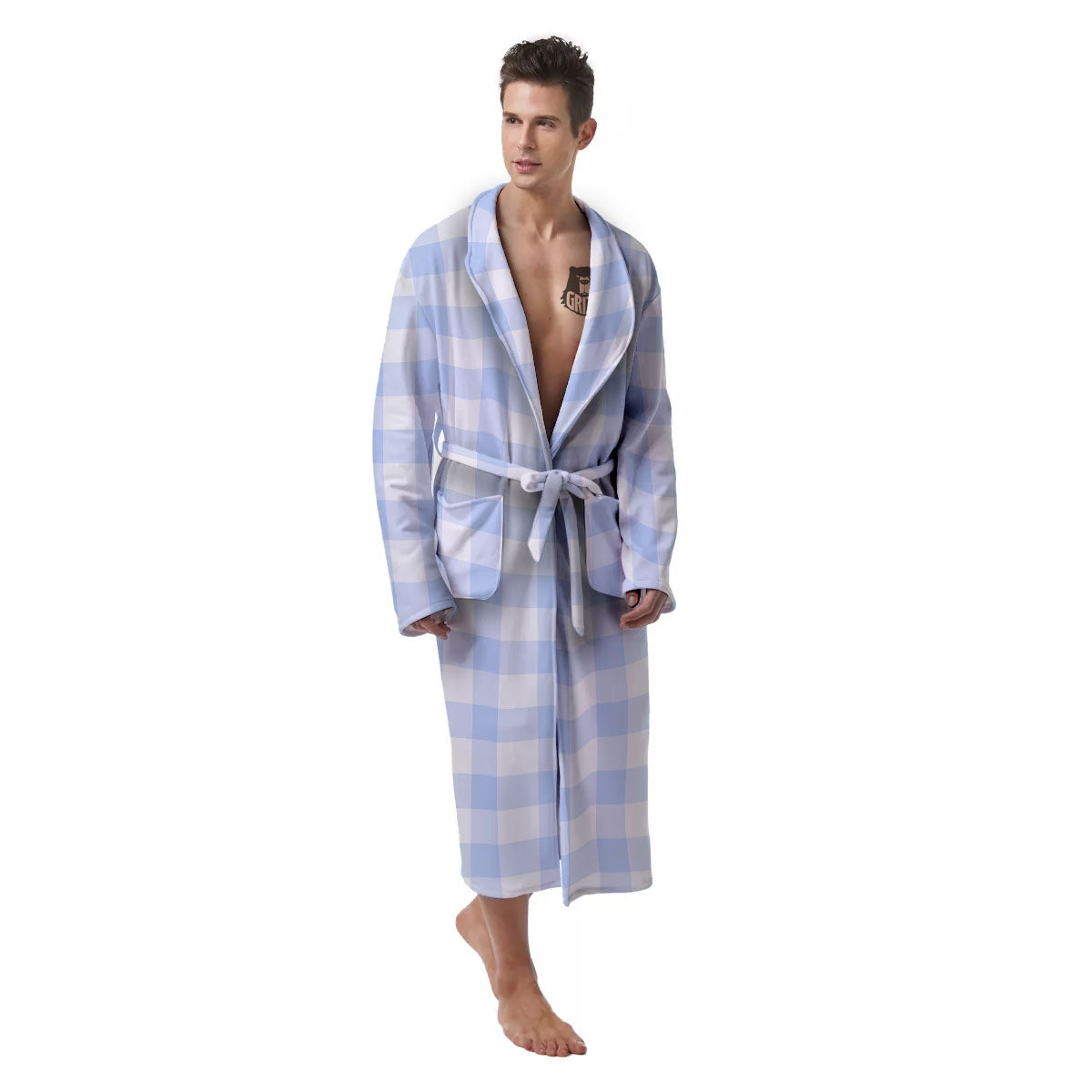 Blue Cornflower And White Gingham Print Men's Robe-grizzshop