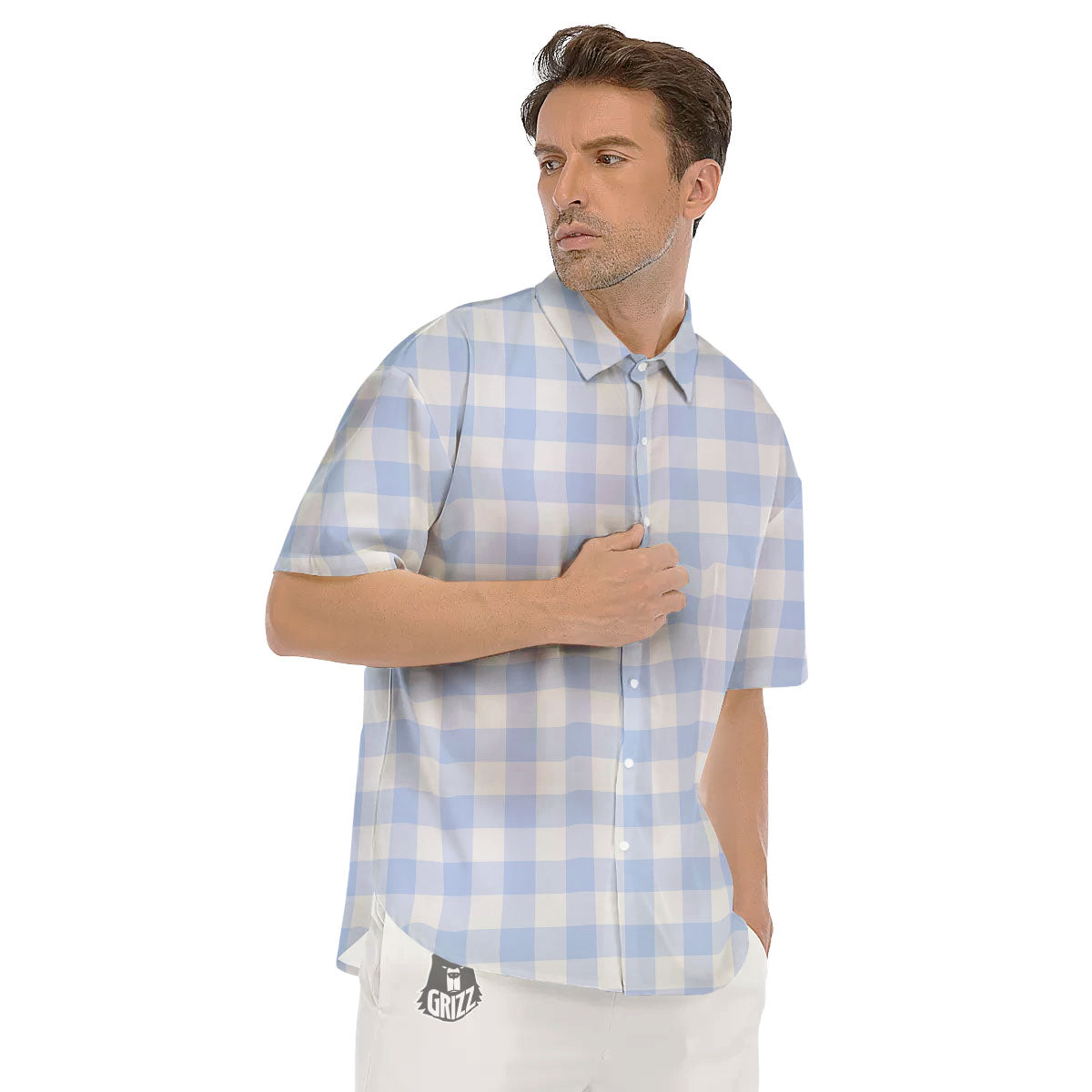 Blue Cornflower And White Gingham Print Men's Short Sleeve Shirts-grizzshop