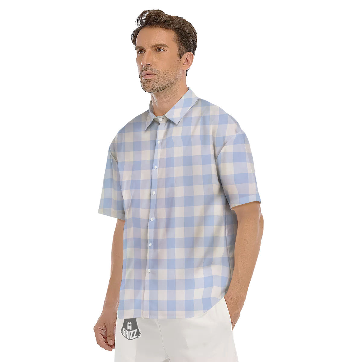 Blue Cornflower And White Gingham Print Men's Short Sleeve Shirts-grizzshop