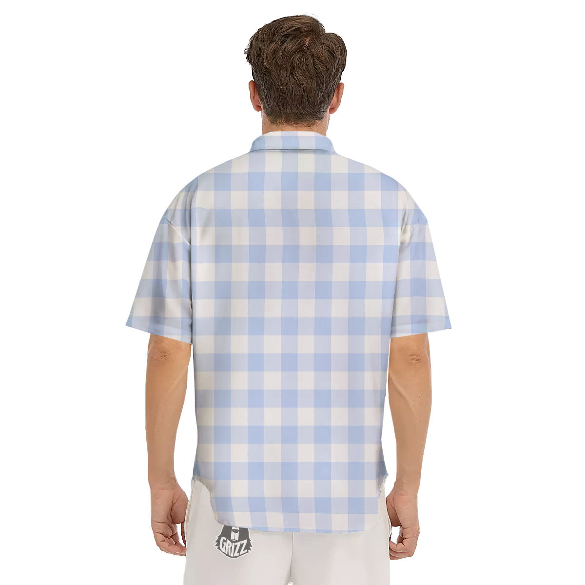 Blue Cornflower And White Gingham Print Men's Short Sleeve Shirts-grizzshop