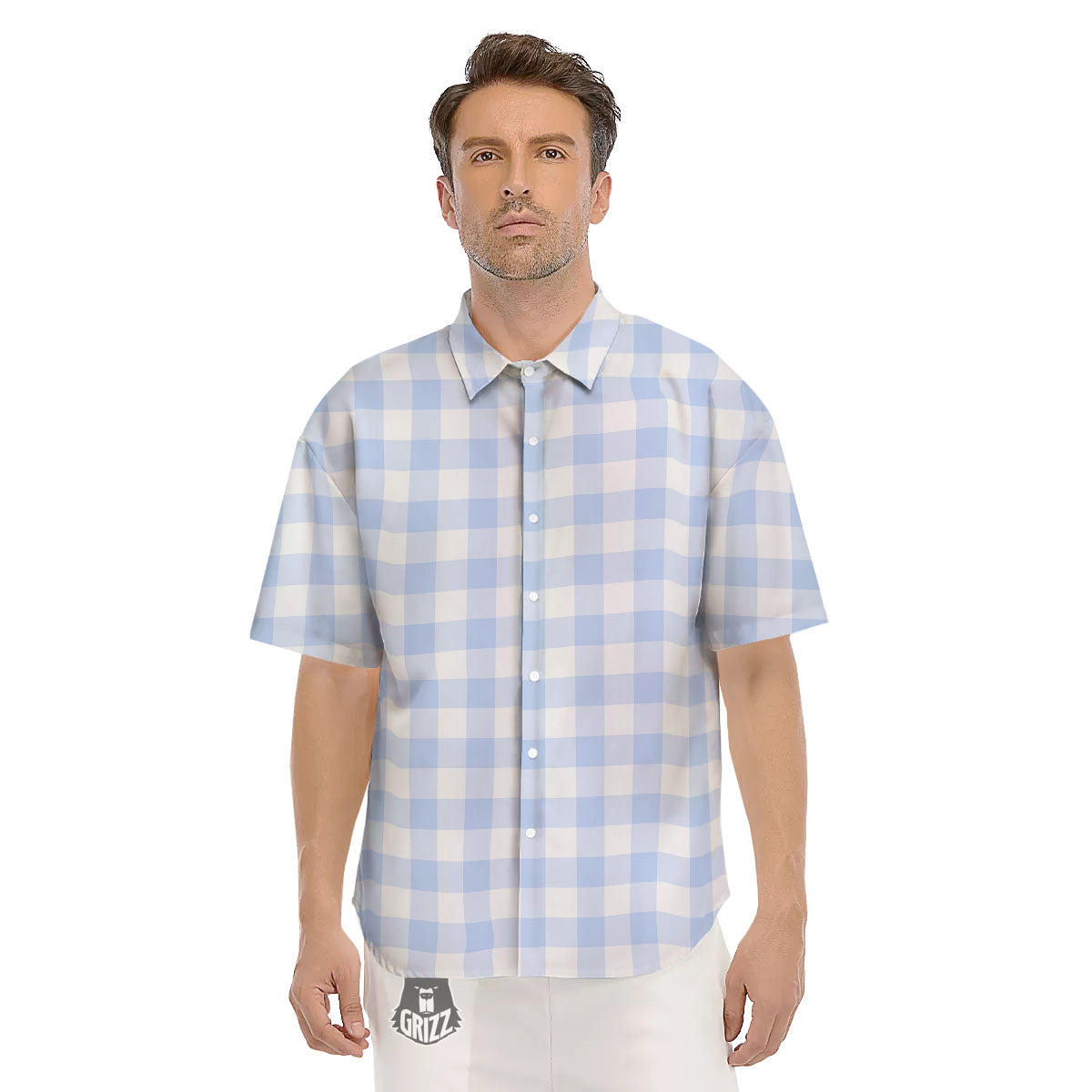 Blue Cornflower And White Gingham Print Men's Short Sleeve Shirts-grizzshop