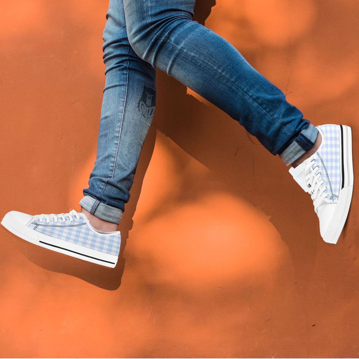 Blue Cornflower And White Gingham Print White Low Top Shoes-grizzshop