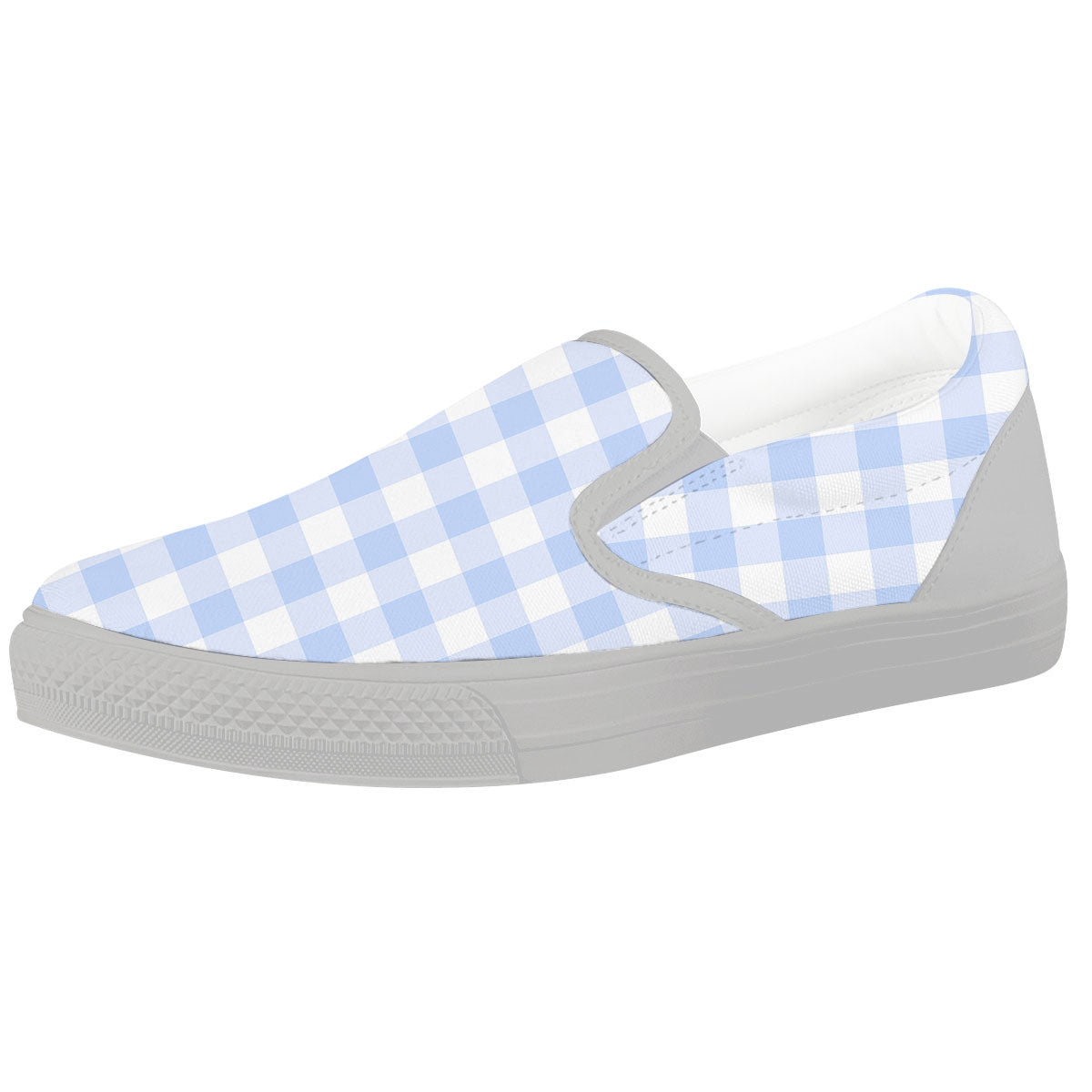 Blue Cornflower And White Gingham Print White Slip On Shoes-grizzshop