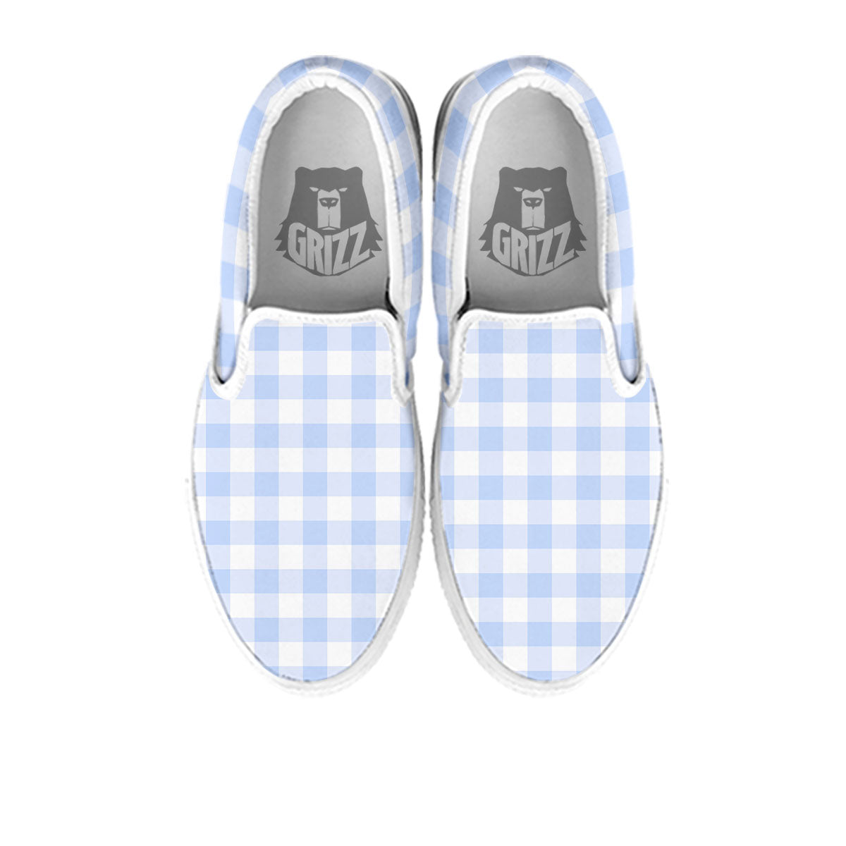 Blue Cornflower And White Gingham Print White Slip On Shoes-grizzshop