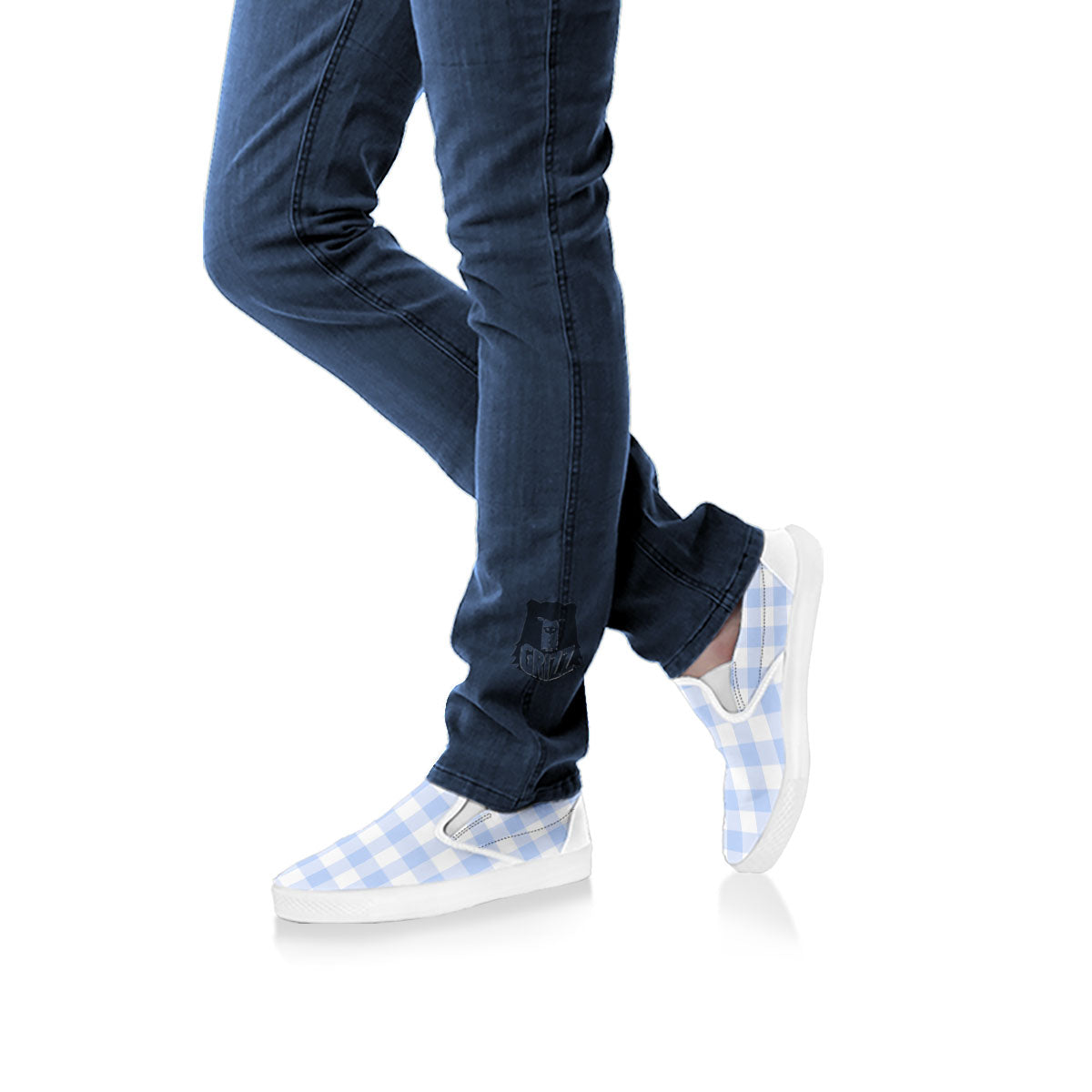 Blue Cornflower And White Gingham Print White Slip On Shoes-grizzshop
