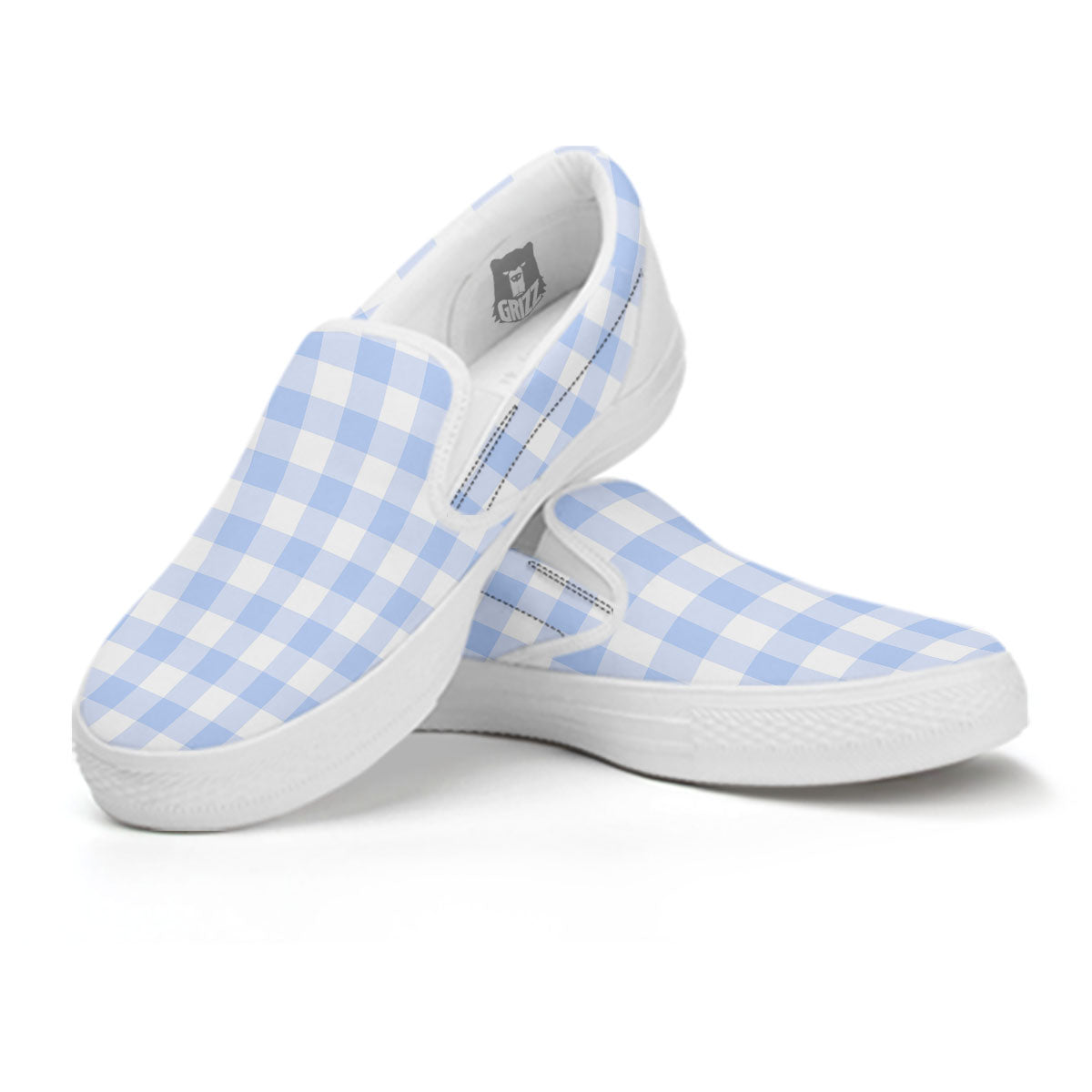 Blue Cornflower And White Gingham Print White Slip On Shoes-grizzshop