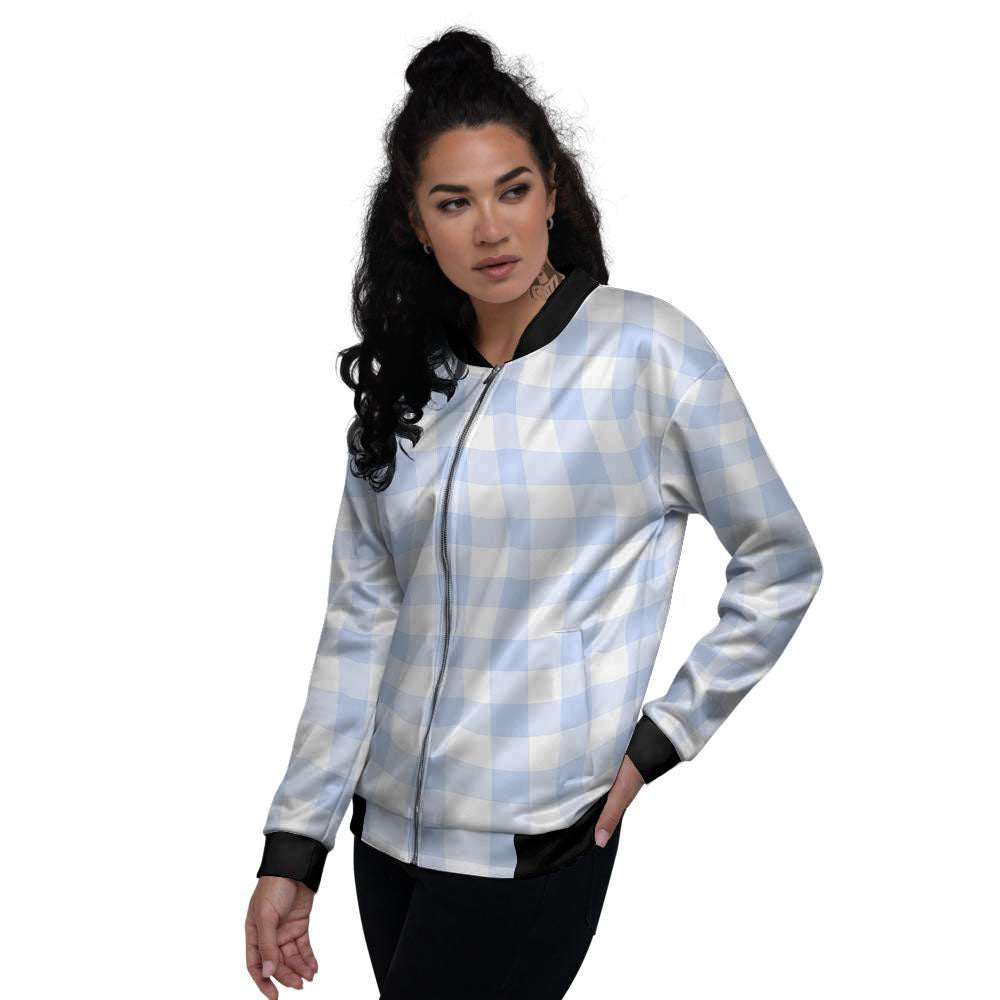 Blue Cornflower And White Gingham Print Women's Bomber Jacket-grizzshop