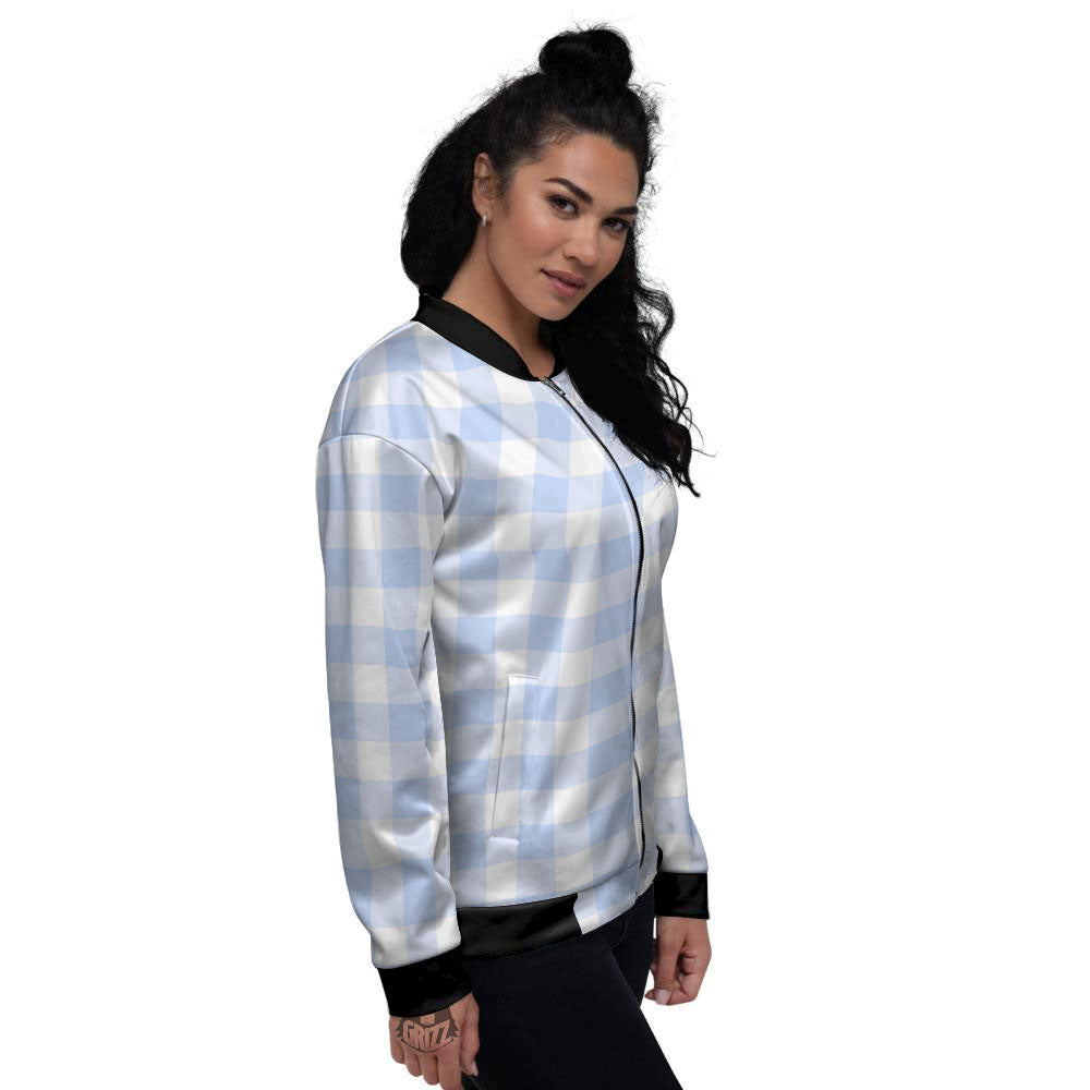 Blue Cornflower And White Gingham Print Women's Bomber Jacket-grizzshop