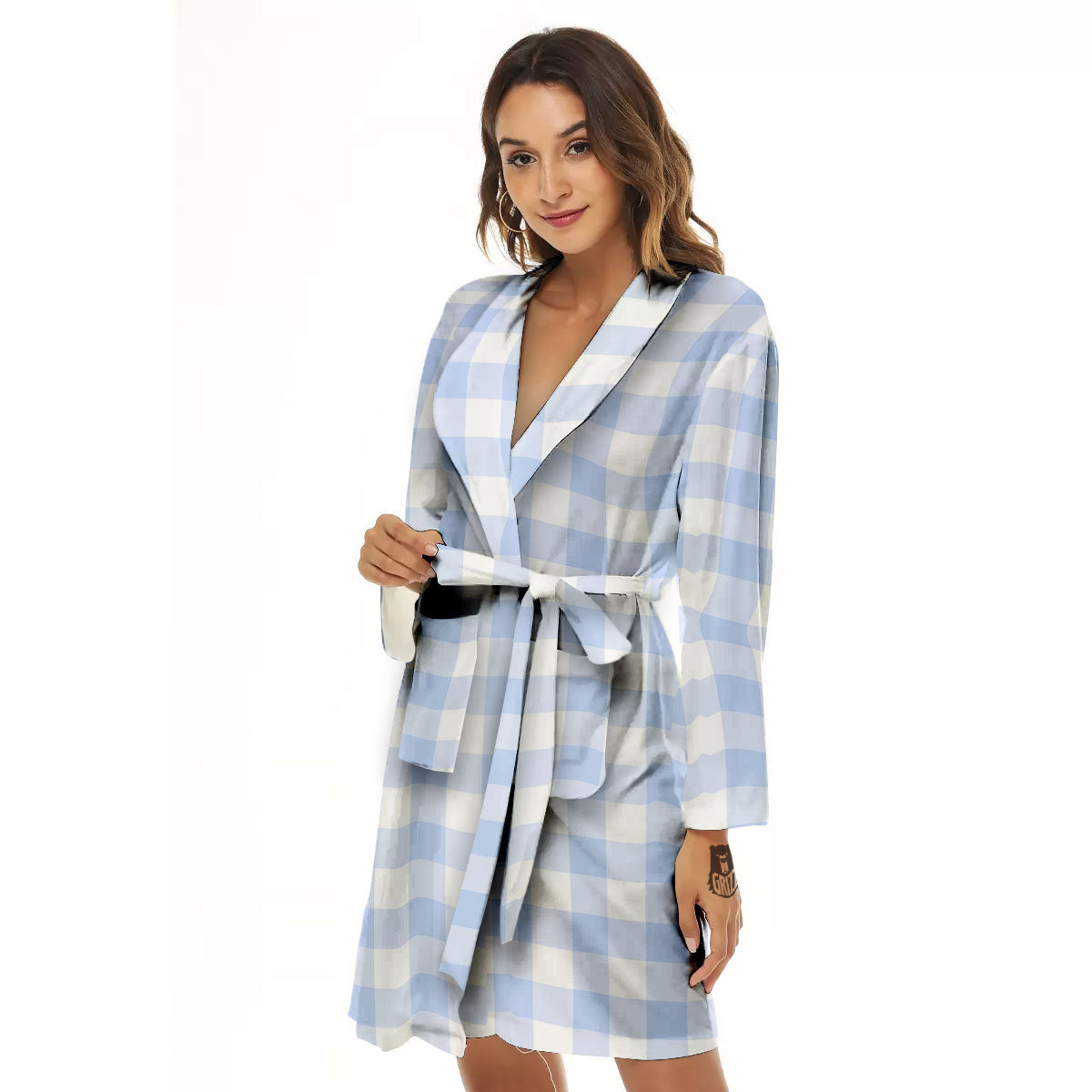 Blue Cornflower And White Gingham Print Women's Robe-grizzshop