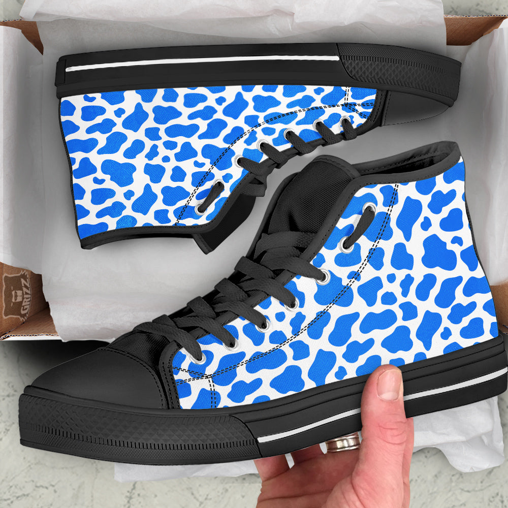 Blue Cow Print Pattern Black High Top Shoes-grizzshop
