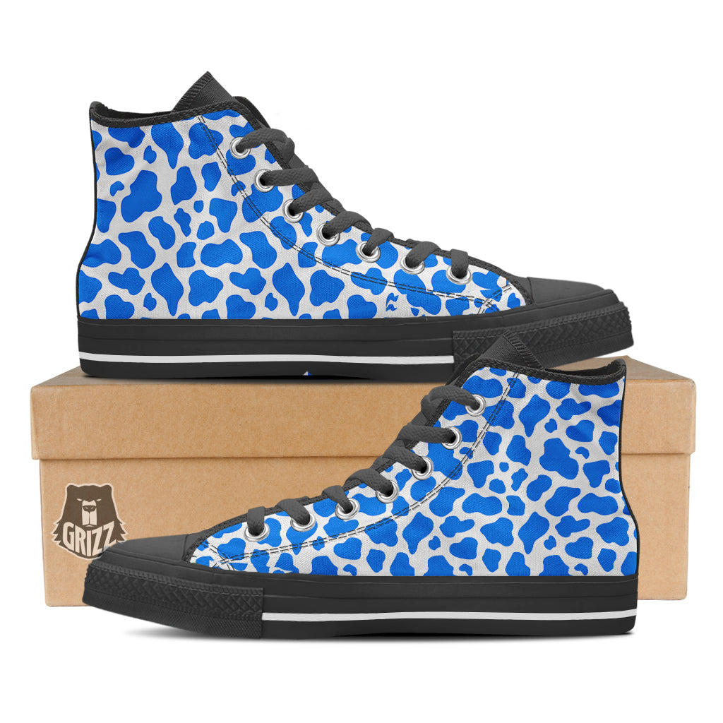 Blue Cow Print Pattern Black High Top Shoes-grizzshop