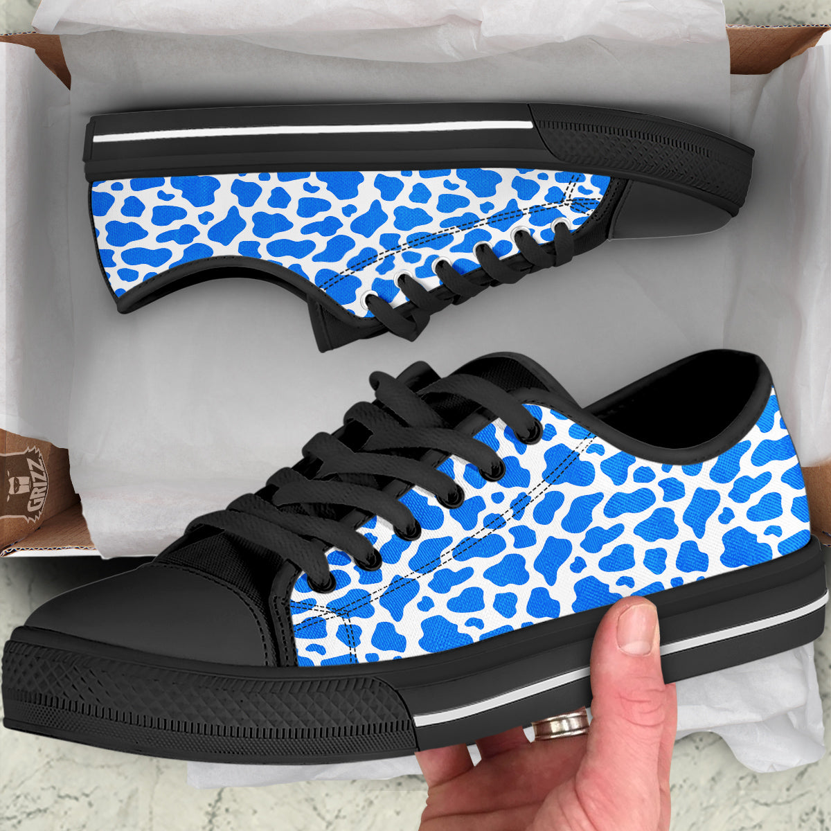 Blue Cow Print Pattern Black Low Top Shoes-grizzshop