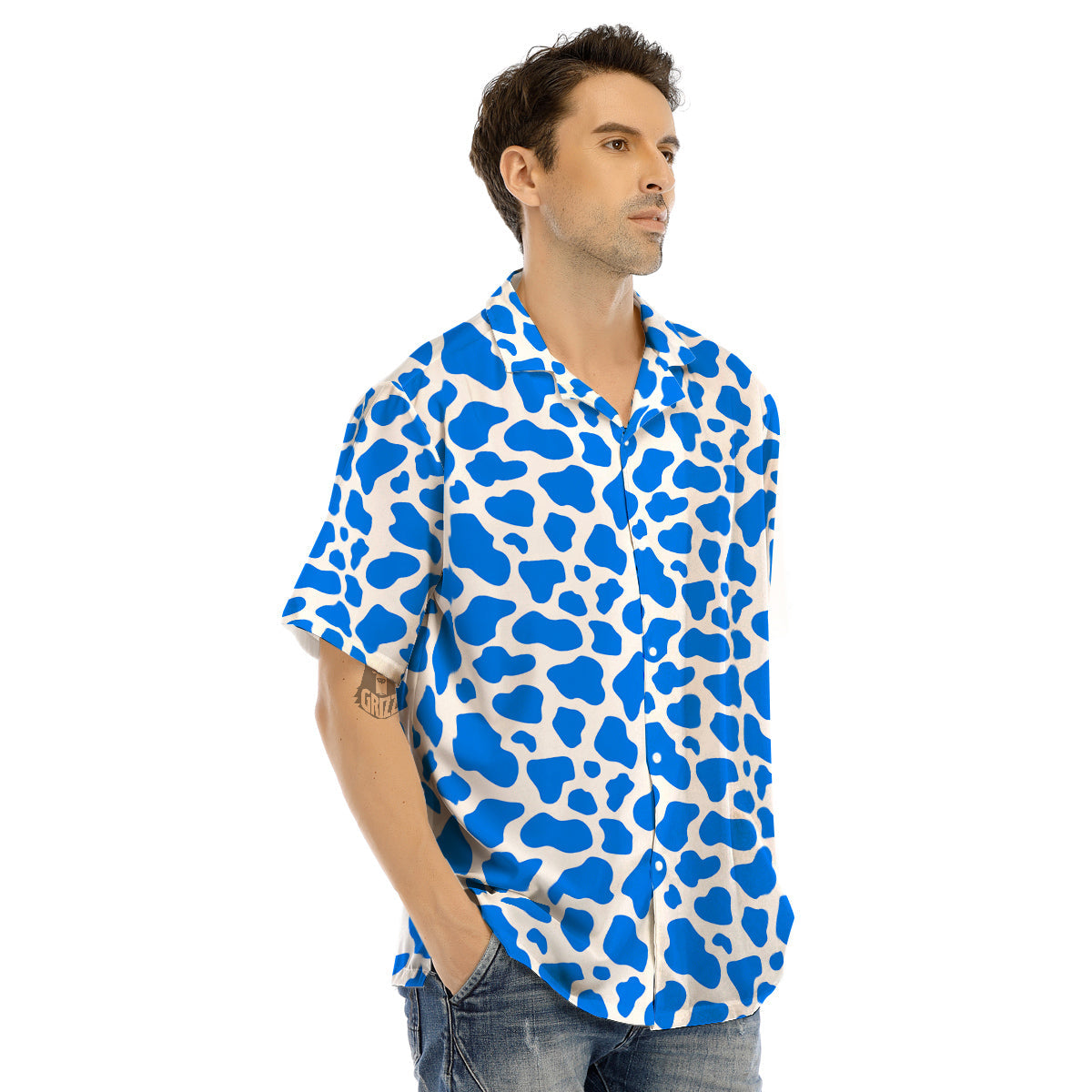 Blue Cow Print Pattern Men’s Hawaiian Shirt-grizzshop