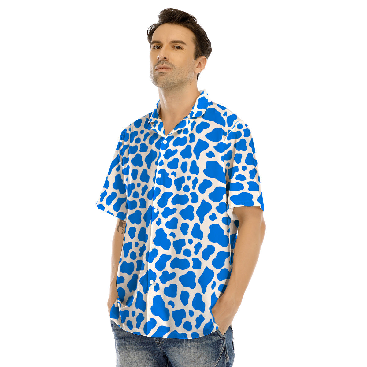 Blue Cow Print Pattern Men’s Hawaiian Shirt-grizzshop