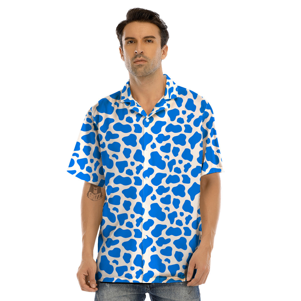Blue Cow Print Pattern Men’s Hawaiian Shirt-grizzshop