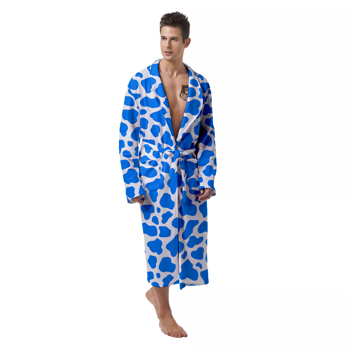 Blue Cow Print Pattern Men's Robe-grizzshop