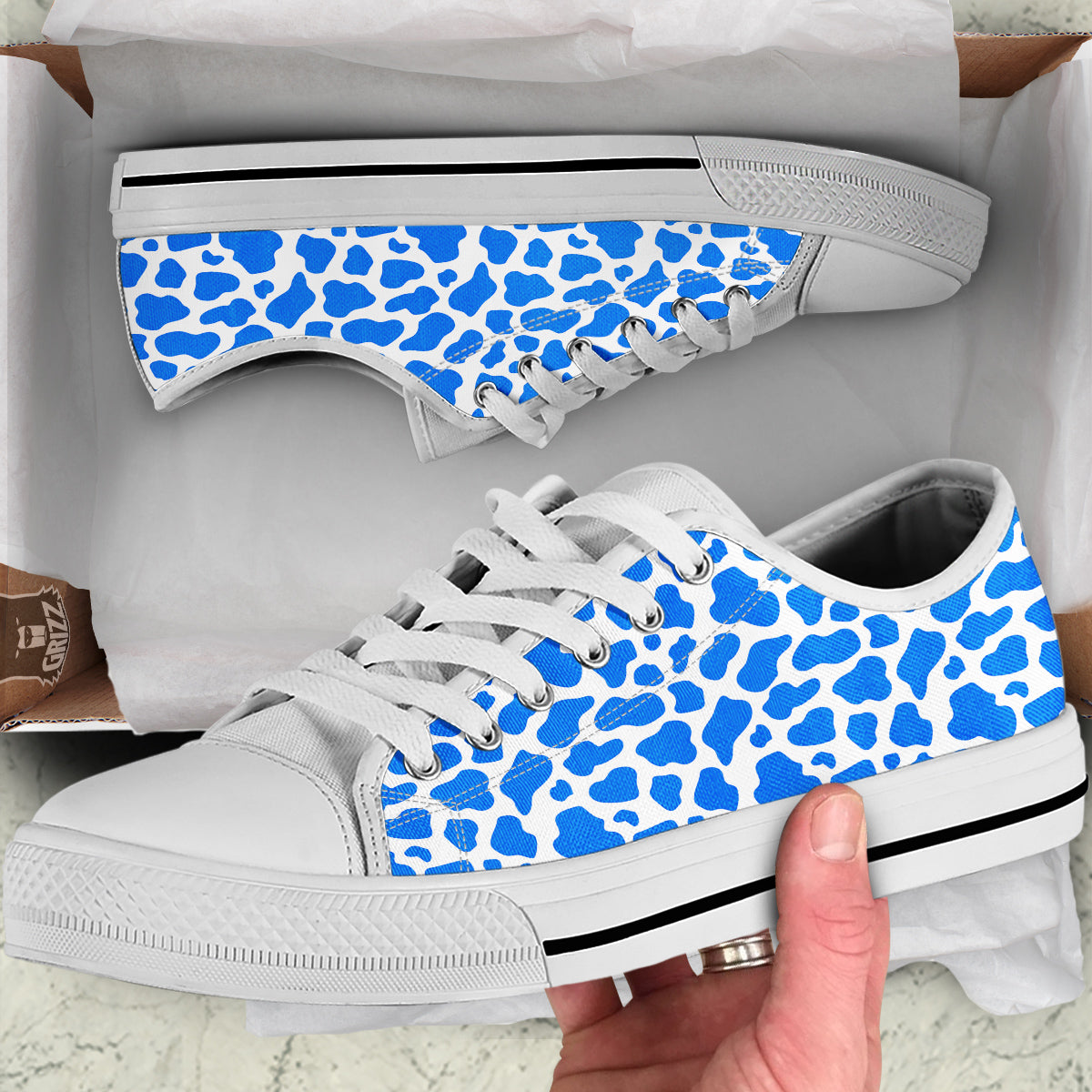 Blue Cow Print Pattern White Low Top Shoes-grizzshop