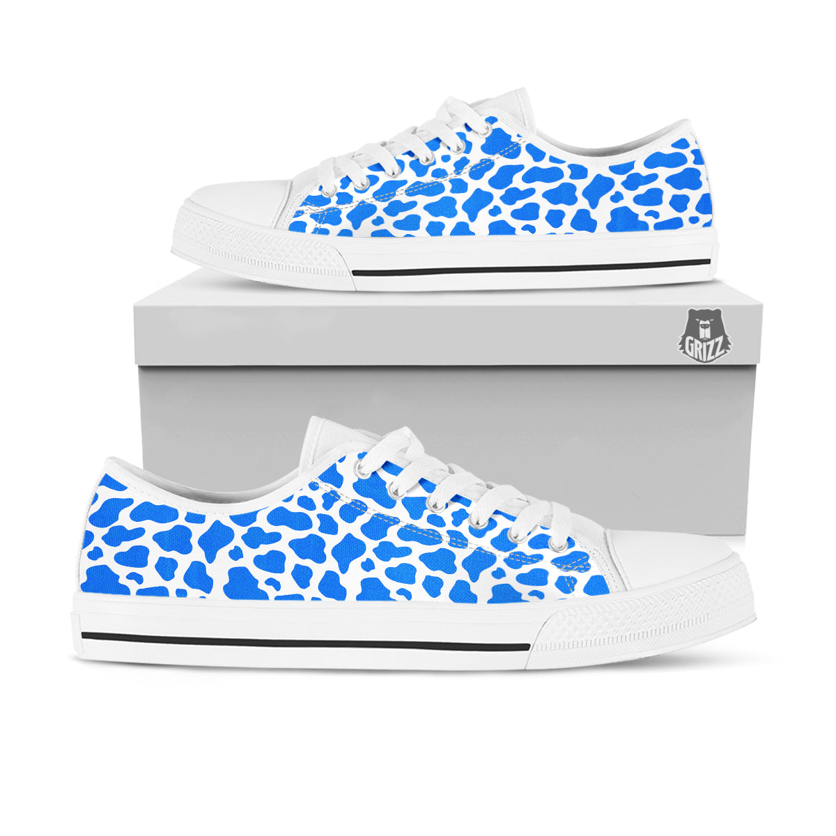 Blue Cow Print Pattern White Low Top Shoes-grizzshop