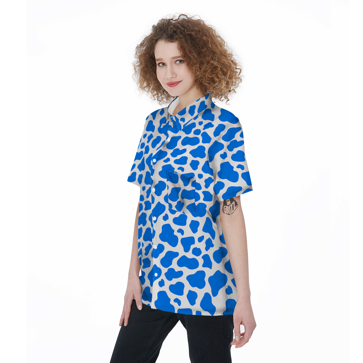 Blue Cow Print Pattern Women's Short Sleeve Shirts-grizzshop