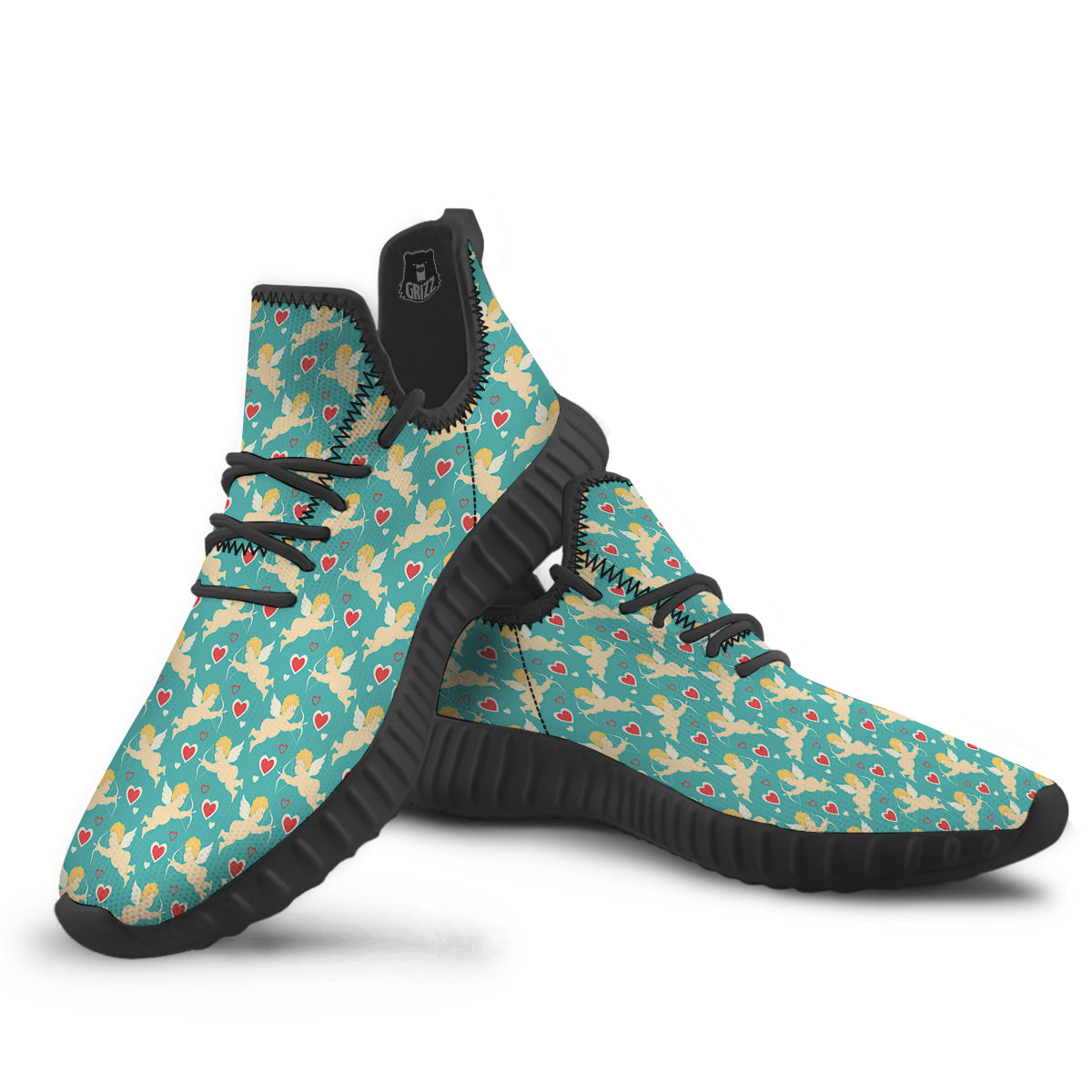 Blue Cupid And Heart Print Pattern Black Walking Shoes-grizzshop