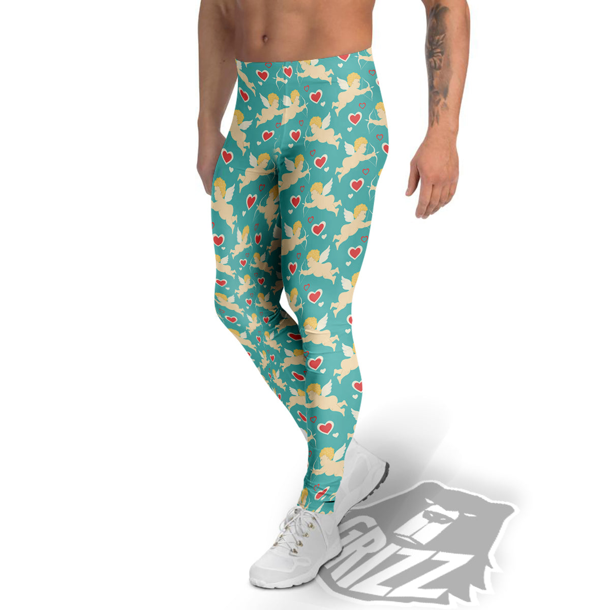 Blue Cupid And Heart Print Pattern Men's Leggings-grizzshop