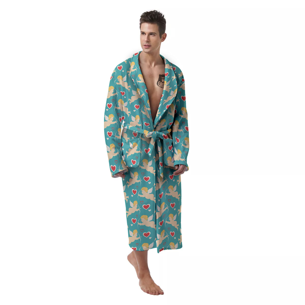 Blue Cupid And Heart Print Pattern Men's Robe-grizzshop