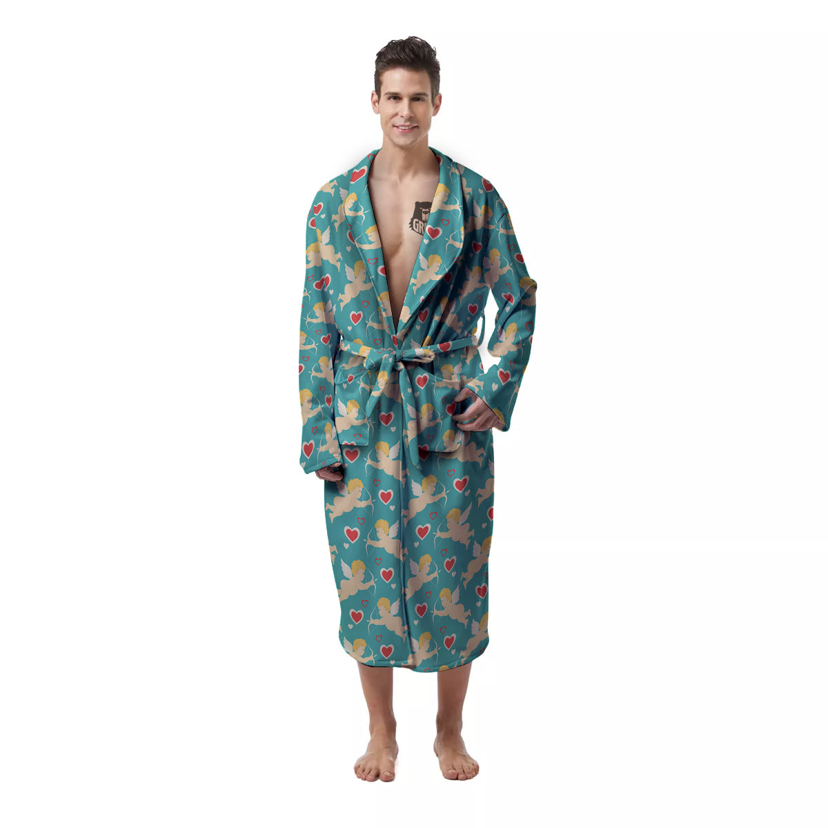 Blue Cupid And Heart Print Pattern Men's Robe-grizzshop