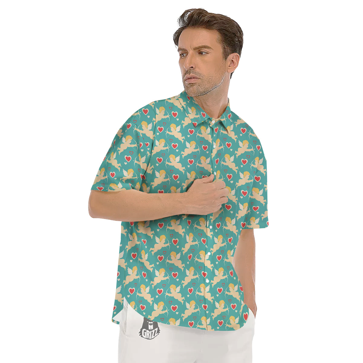 Blue Cupid And Heart Print Pattern Men's Short Sleeve Shirts-grizzshop