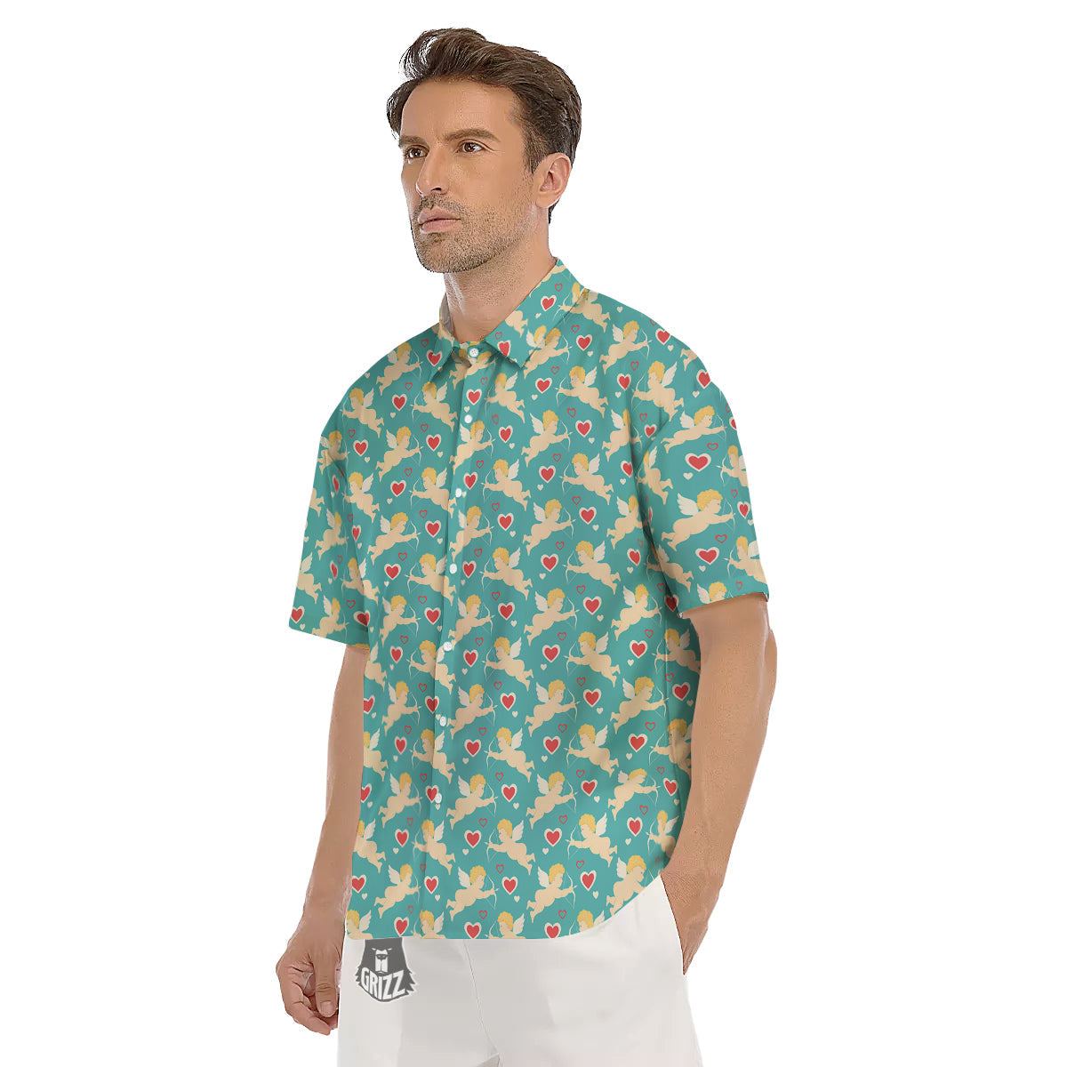 Blue Cupid And Heart Print Pattern Men's Short Sleeve Shirts-grizzshop