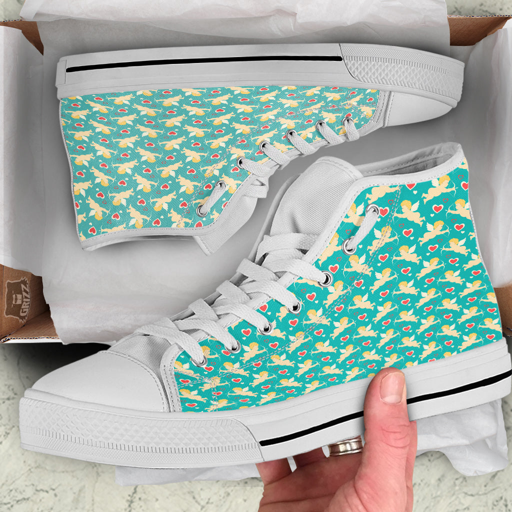Blue Cupid And Heart Print Pattern White High Top Shoes-grizzshop