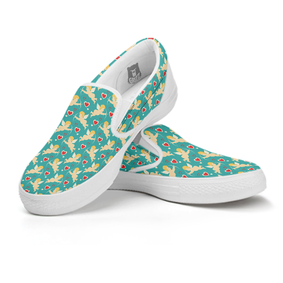 Blue Cupid And Heart Print Pattern White Slip On Shoes-grizzshop